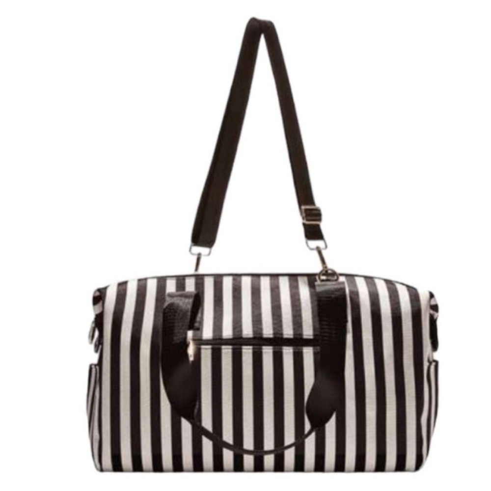 Alice + Olivia Black & White Positano Stripe Canvas Weekend Duffel Bag NWT